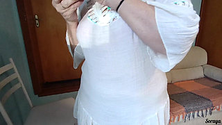 Stepmom tidying up the house in transparent dress without panties.