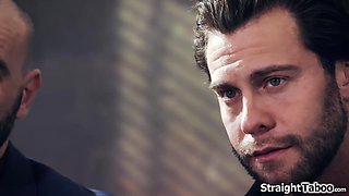 Teen student kneels while her teachers take out their cocks