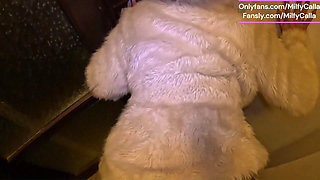 Risky Outdoor & Indoor Blowjob in Stockings & White Fur Coat Messy Cum Finish 297