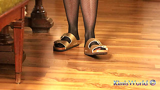 Dangling in Fishnet Stockings - Golden Double Strap Slides