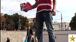 Sexy slender European teen in high heels upskirt outside
