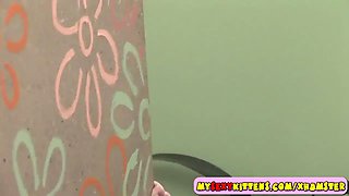 Cutie fingers herself on the stairs