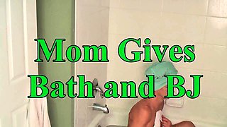 Naughty brunette mom blows a young cock in the shower