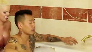 Wonderful blonde babe gets slammed by an asian guy