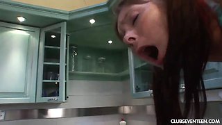 Brunette teen babe fucking in the kitchen