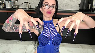 Dark Blue Long Nails, Sharp Stilettos, Long Fingers, Hot Handjobs with Spit and Blue Pvc on