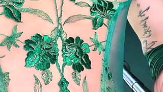 TS Shemale Beautiful Green Lingerie Stockings and Dildo Anal