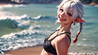 Final Fantasy Al generated Alisaie poses naked on the beach and takes cum on ass and face