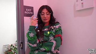 Slutty and busty brunette wearing glasses gets fucked really well by her colleague at the office Christmas party