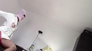 Sexy wife has fun testing clothes and cutting them. Brunette dances naked around the house.