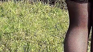 Sensual sex in the open air. Cum on legs