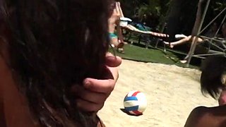 Multiple hot babes blowing 3 guys outdoors