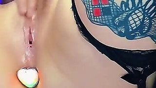 Gothic Babe in Sexy Lingerie Masturbates with a Big Dildo and a Plug in Her Anus