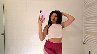 Hot Sexy Amateur Beautiful College Girl Flashes Pussy by Taking off Her White Cotton Panties in the Bathroom