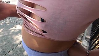 Hot Latina wife flashes her pierced nipples in public - no bra, just pasties!
