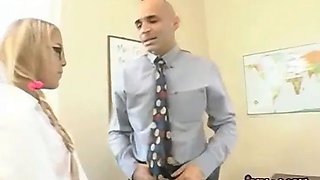 This horny student lets the counselor go down on her after she gives him a bj