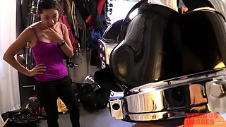 Stockinged strapon femdom fetish babe sucks on dick in hd