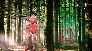 Pin-up lady posing in the forest. She shows her tits and pussy. Mesh tights. Special effect.