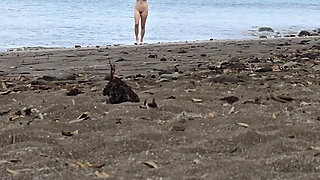 Korean teen walking naked on the beach with perfect tits
