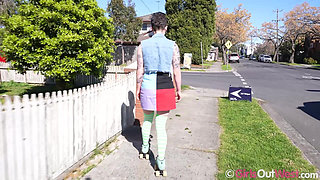 Short Haired Rollerskater in Thigh-high Socks Rubs Her Huge Clitoris While Riding Her Dildo