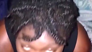 Hot slutty ebony girl gives her black boyfriend a nice long blowjob and lets him cum in her mouth