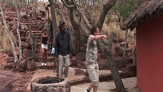 Several kinky dudes fuck wild African bitches and make them eat semen