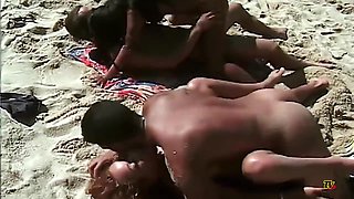 Public beach outdoor foursome group sex orgy with perky tits Latina babes