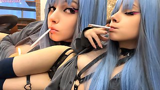 Blue Hair Step Sis Smoking for you with no bra (ask me for full vid)