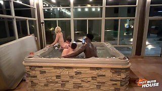 Sexy blonde Ellie Smoke is sucking two cocks in the bathtub
