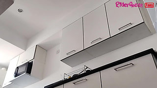 Hot BBW Stepmom, Solo Fans in Slow Motion, in the Kitchen with Dress