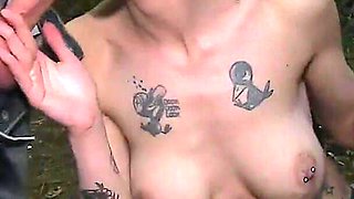 Naughty Tattooed Smoking Slut Heads Into the Woods with Her Tits Out Ready to Suck off Dirty Dogging Cocks