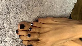 Black Nail Polish Sy Tiny Feet with Long Toes with Toe Rings