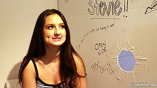 Lewd teen with dimples Eliza Ibarra gives an interview in the glory hole room