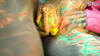 Tattooed babe Nahluu's first anal & blowjob porn with sex toys