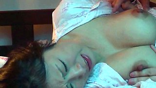 Asian girl in red lingerie getting her pussy licked fingered