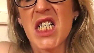 Blonde milf shows her horny pussy while she dildoes herself