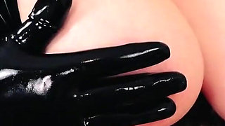 Boobs Play and Dildo Fucking with Strap-on - Latex Fetish and Food Play - Bondage Fucking Submissive
