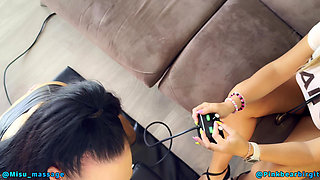 Tattooed Milf testing her friend couple's Sybian sex machine - cum shower