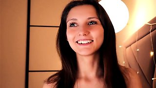 Small titted brunette Sharron with glasses masturbates