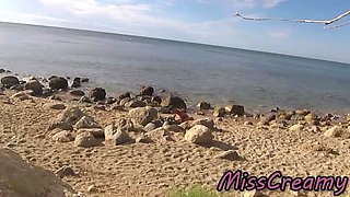 French Amateur Wife Miss Creamy Fucks Big Cock on Nude Beach - Public Sex & Cum in Mouth