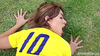 Sultry latina Anissamiller gets down with her trainer on the soccer field