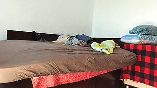 Amateur woman has fun trying on clothes and cutting them. Amateur woman vacuuming naked in the house.