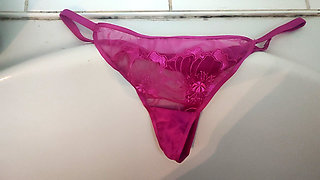 Handjob on the beautiful pink thong my cousin's girlfriend thong tanga panties sperm