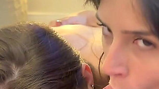 Double Blowjob - Gorgeous Breasted Girls Kissing While Sharing a Cock. FFM