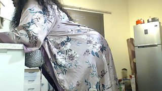 African Stepmum Stripteasing and Masturbating at Then Kitchen