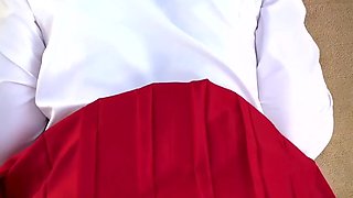 Busty girl in uniform got cum all over her skirt after sex POV