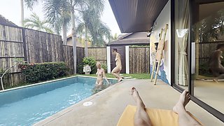 Two Hot Girls Sucking Dick by the Pool on Holiday, Cumshot on Face