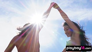 Asian mommy and teenager posing naked on hood