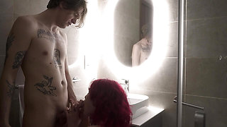 Real Couple Passionate Bathroom Fuck - Deepthroat, Standing Doggy and Cum on Ass