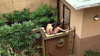 Japanese landlord gives his maid a huge facial followed by the gardener